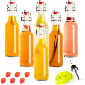 Kombucha Bottles, Swing Top Glass Brewing Bottles Bottles for Kombucha, Beer, Kiefer, Limoncillo, Vanilla - 16 oz. - Grolsch Style Bottle (6 Set) with Funnel