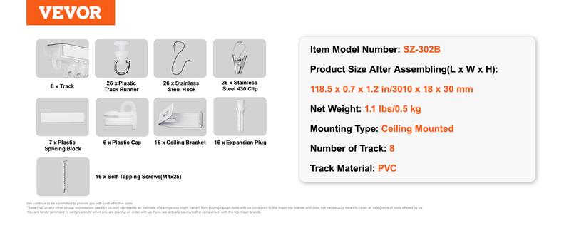 VEVOR Ceiling Curtain Track Set, 9.9 FT/3 Meter, Self Adhesive, No Drill Ceiling Track System for Curtains, Room Divider Curtain Track Ceiling Mounted for Living Room with Hooks and Hardware, White