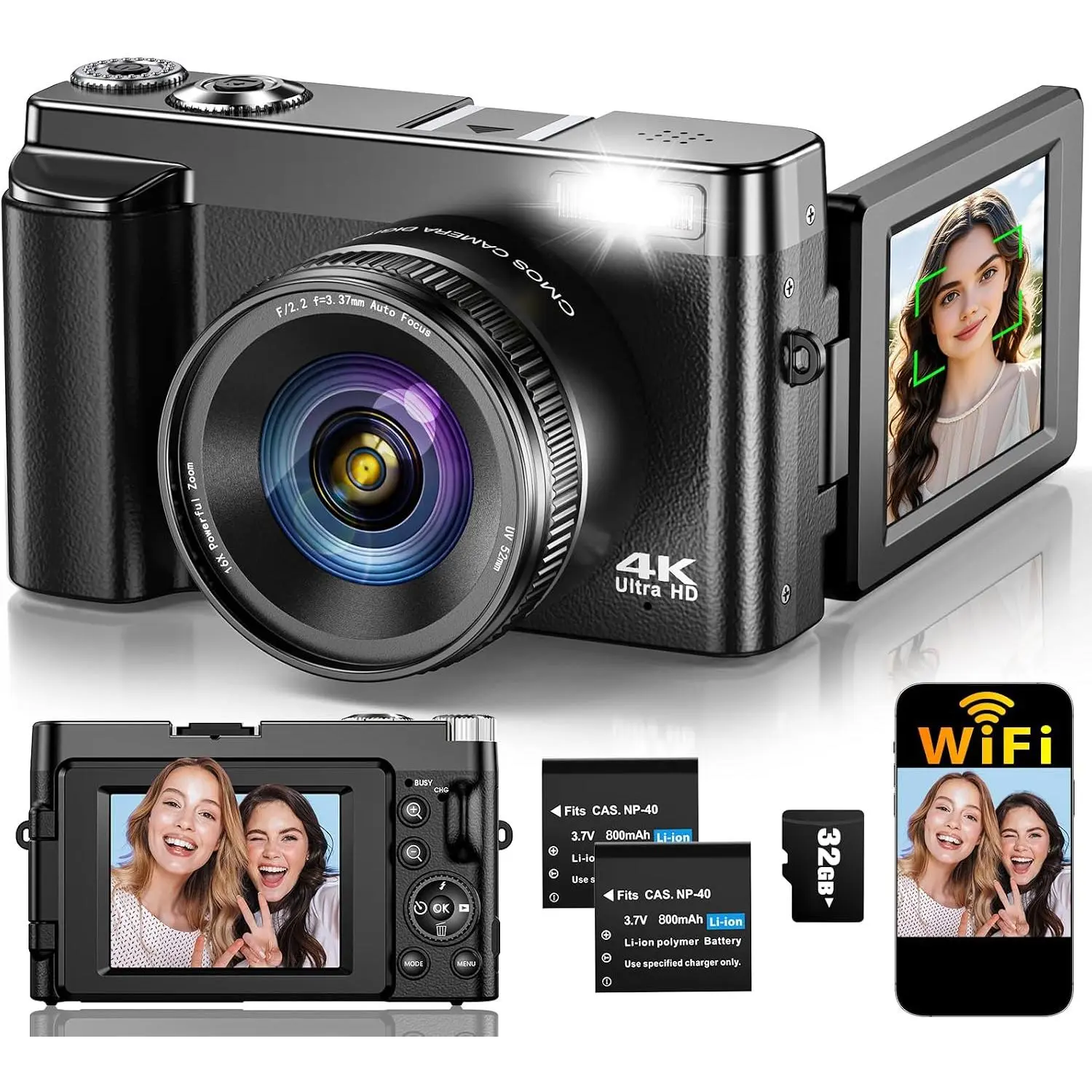 4K Digital Camera for Photography Autofocus, Upgraded 64MP WiFi Vlog Camera | for YouTube with 3" 180° Flip Screen, 16X Zoom, Compact Travel Cameras for Beginners with 32GB Card, 2 , Black