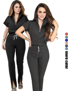 Womens Stand Collar Short-Sleeve Scrub Set Summer Quick-Dry Workwear for Interns Volunteers, Stretch Surgical Uniform with Pants