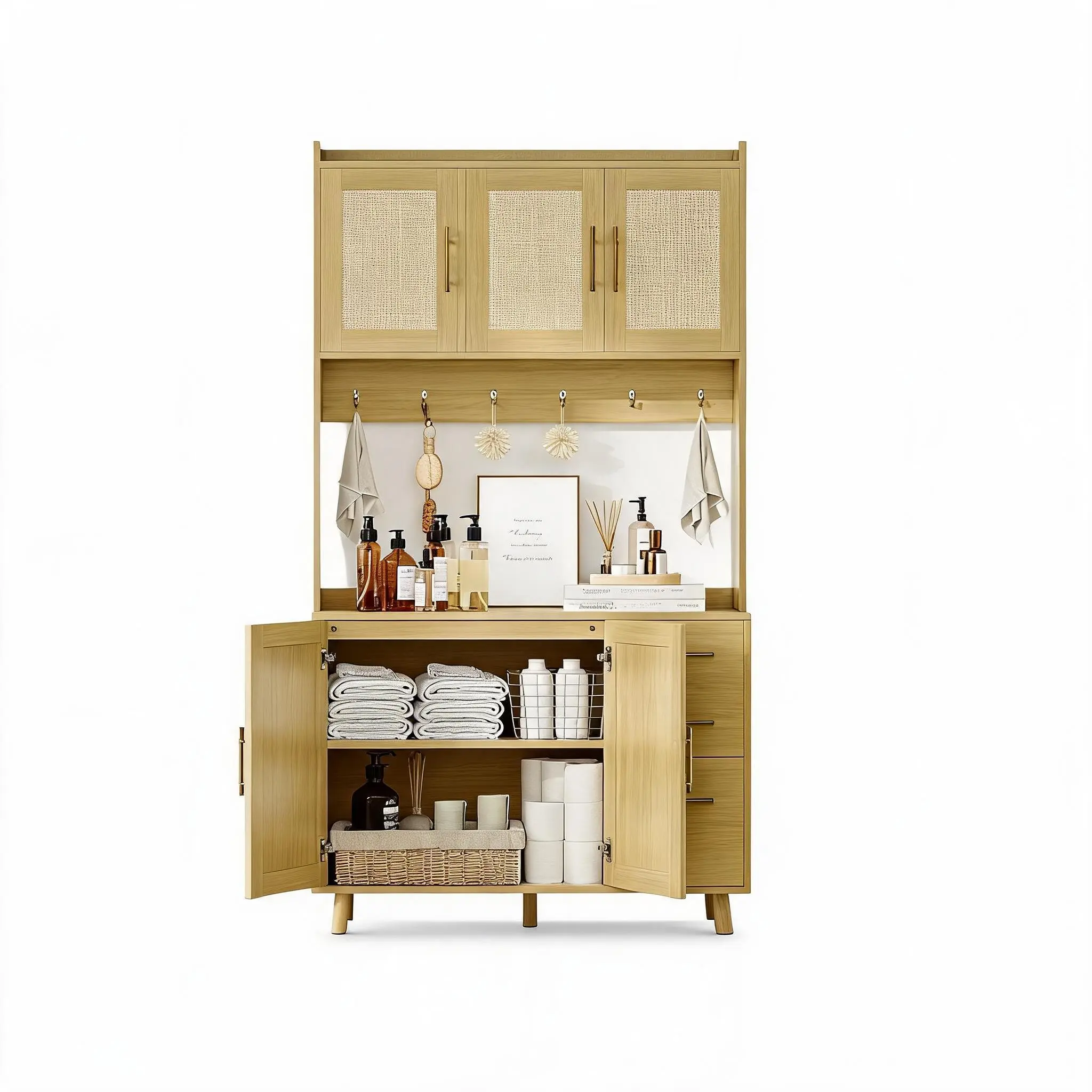 Boho Farmhouse Rattan Pantry Cabinet with Microwave Stand – Freestanding Hutch, Adjustable Shelves, Drawers, 6 Hooks