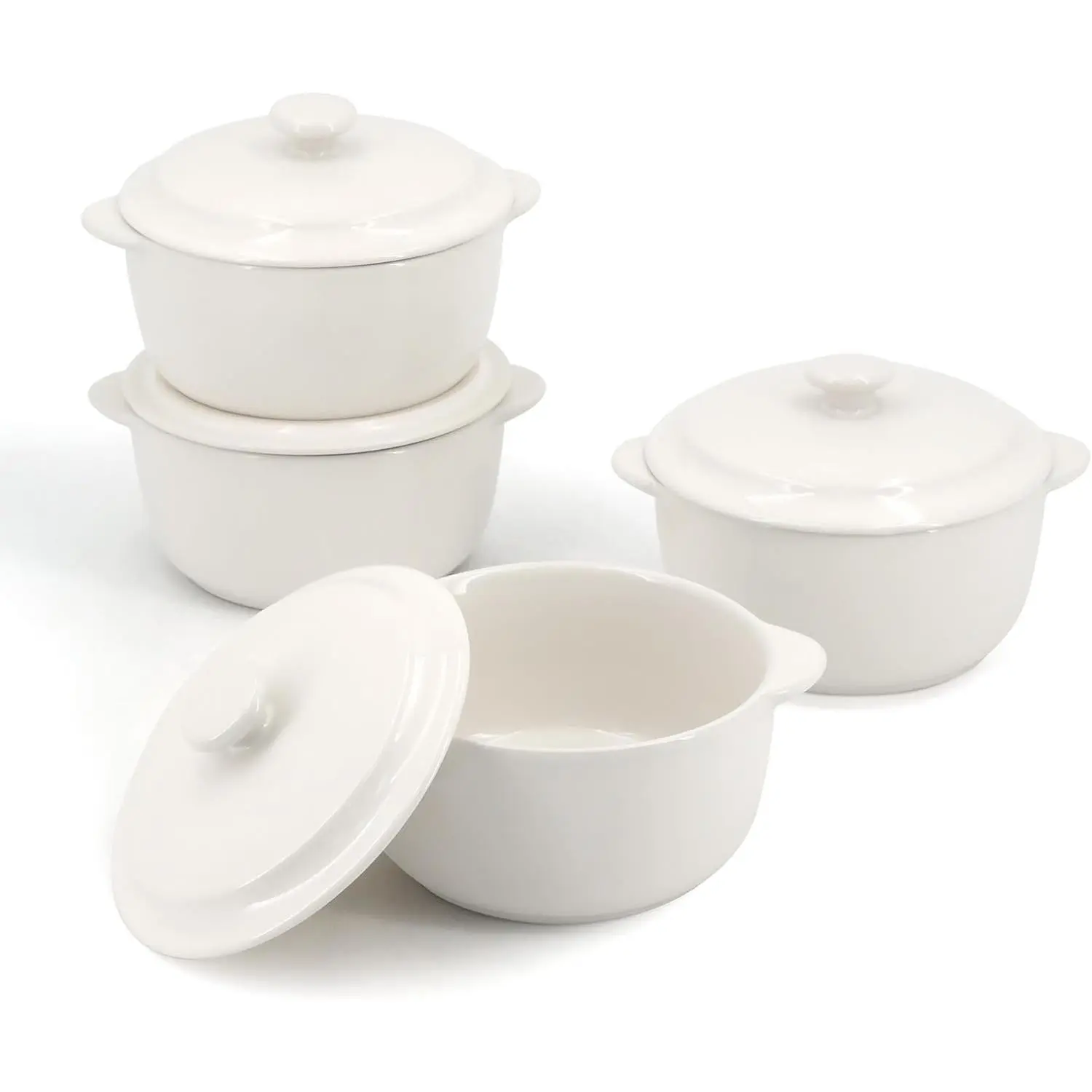 4-Pack Ceramic Mini Cocotte Set, 10 Oz Stoneware Casserole Dishes with Handles & Lids, Oven-Safe Ramekins for Soufflé, Soup, Cobbler & Baking, Individual Serving Bakeware, Off White