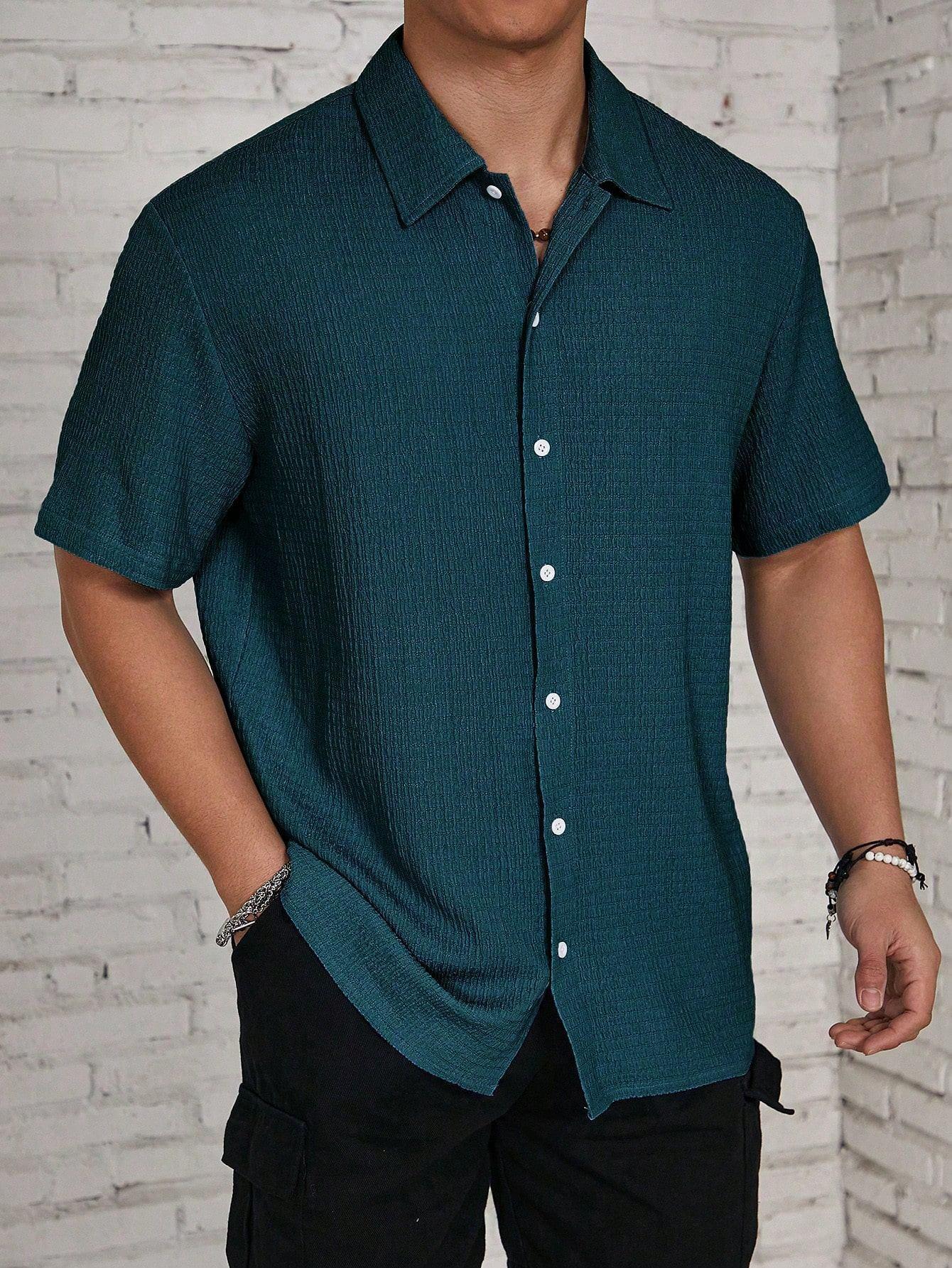 Men's Textured Button Front Shirt, Casual Regular Fit Short Sleeve Collared Top for Summer, Summer Leisure Top 2026, National Day Clothing, Men's Clothes for Daily Wear