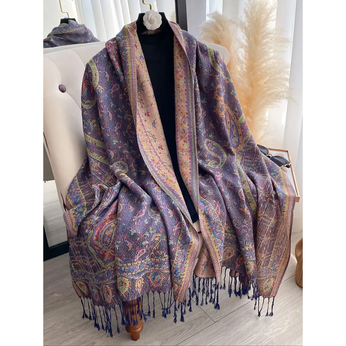 Bohemian Paisley Wrap Scarf for Women, Soft Imitation Cashmere Accessory, Versatile All-Seasons Head Wrap with Fringe, Vibrant, One Size