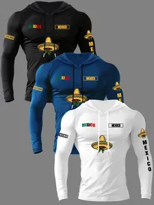 Men's 3-Piece Eagle Letter Print Hooded Long Sleeve T-Shirt Set, Graphic Hoodies, Hoodie Letter Logo, Casual Outdoor Spring Fall Wear, Fashion Streetwear Apparel, 3-Pack