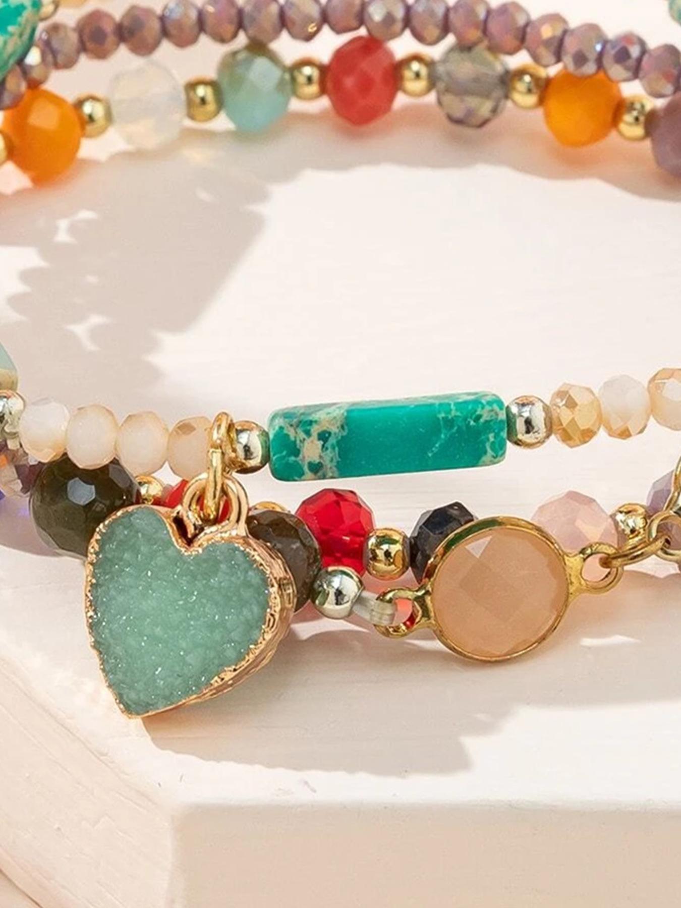 Boho Style Heart Charm Decor Beaded Bracelets, Heart Shaped Bracelet, Heart Design Bracelet, Fashionable Beaded Bracelets for Women & Girls, Trendy All-match & Exquisite Jewelry for Birthday Gift