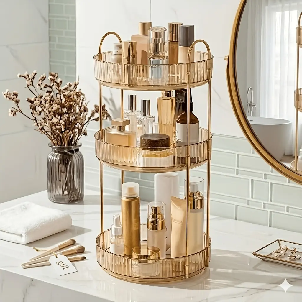 360° Rotating 3-Tier Luxury Cosmetic Organizer, Fluted Clear Skincare Storage Rack with Gold Metal Stand, Waterproof Large Capacity Spinning Vanity Tray for Bathroom Dresser