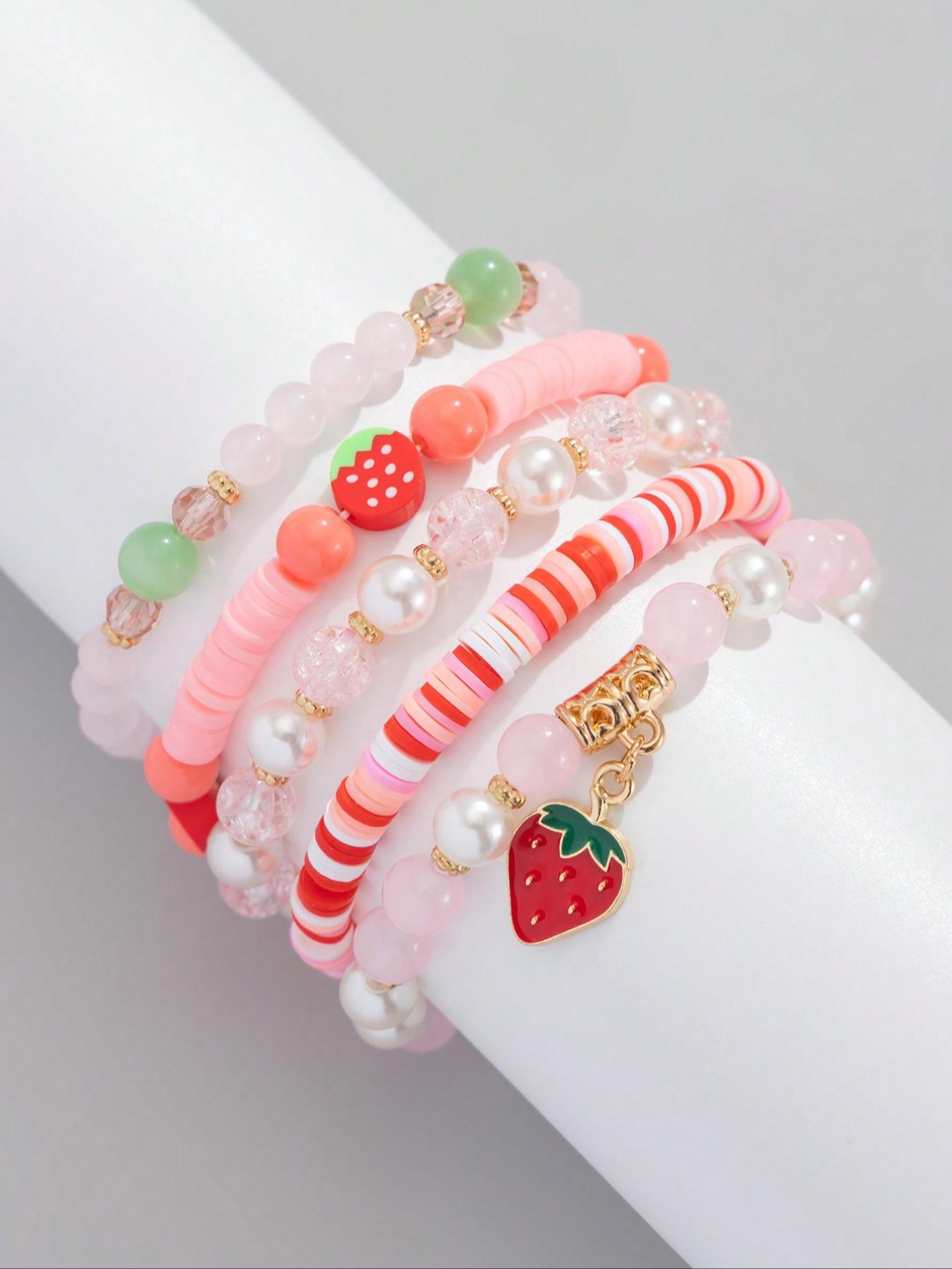 Women's Strawberry Pendant Crystal Beaded Bracelet Set, Cute Sweet Fashion Jewelry Gift for Women Daily Wear & Friends, Charm Bracelets
