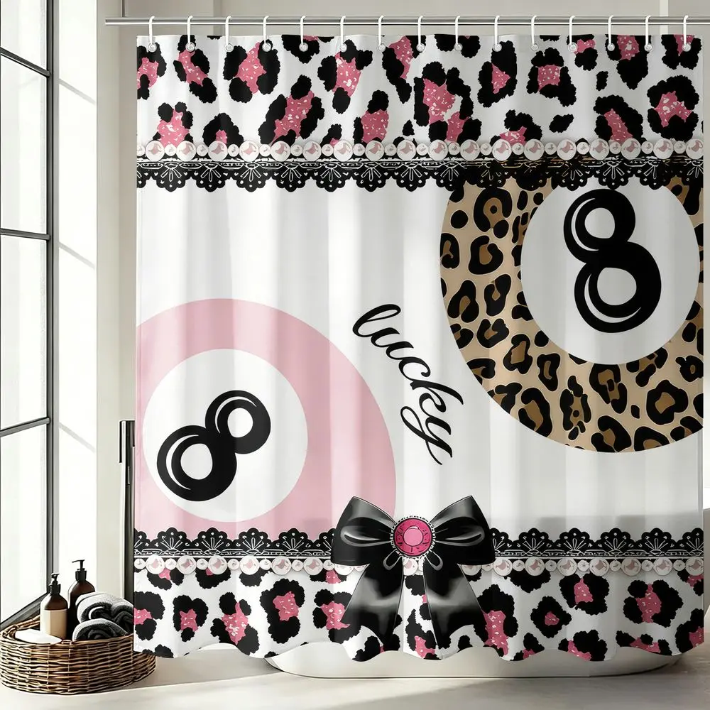 1Pcs Pink Leopard Print Decorative Shower Curtain Preppy Lucky 8 Ball Bathroom Decor Set Waterproof Cloth Fabric Bathtub Privacy Curtain Aesthetic Dorm Home Decor with 12 Hooks