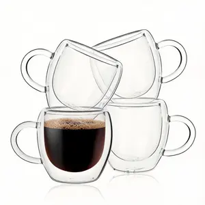 2.5oz Double Walled Espresso Coffee Cups Set of 4 with Handle,Clear Expresso Shot Cup Glasses,Tazas de Cafe Expreso,Drinkware Essentials,Borosilicate