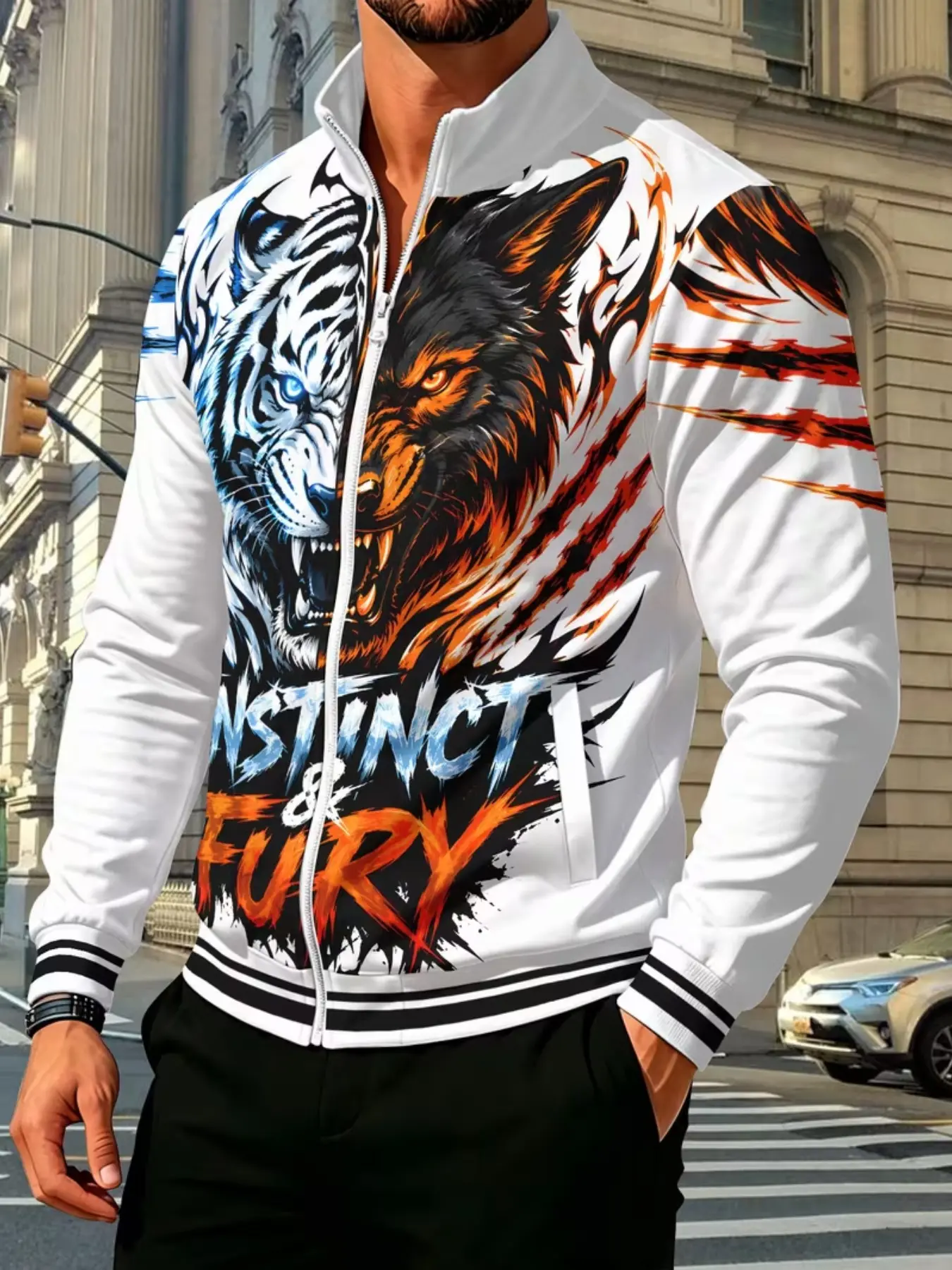 Men's Tiger Wolf Stand Collar Zipper Jacket, Background Wild Animal Print, Casual Long Sleeve Slim Fit Outerwear for All Seasons, Casual Streetwear Jacket