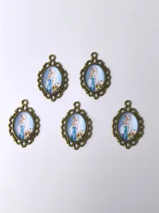 5-Piece Vintage Bronze Oval Madonna Pendant Set, Lace Border, Religious Jewelry, Ideal for Rosary Necklaces, Bracelets, Earrings, Baptism Gifts
