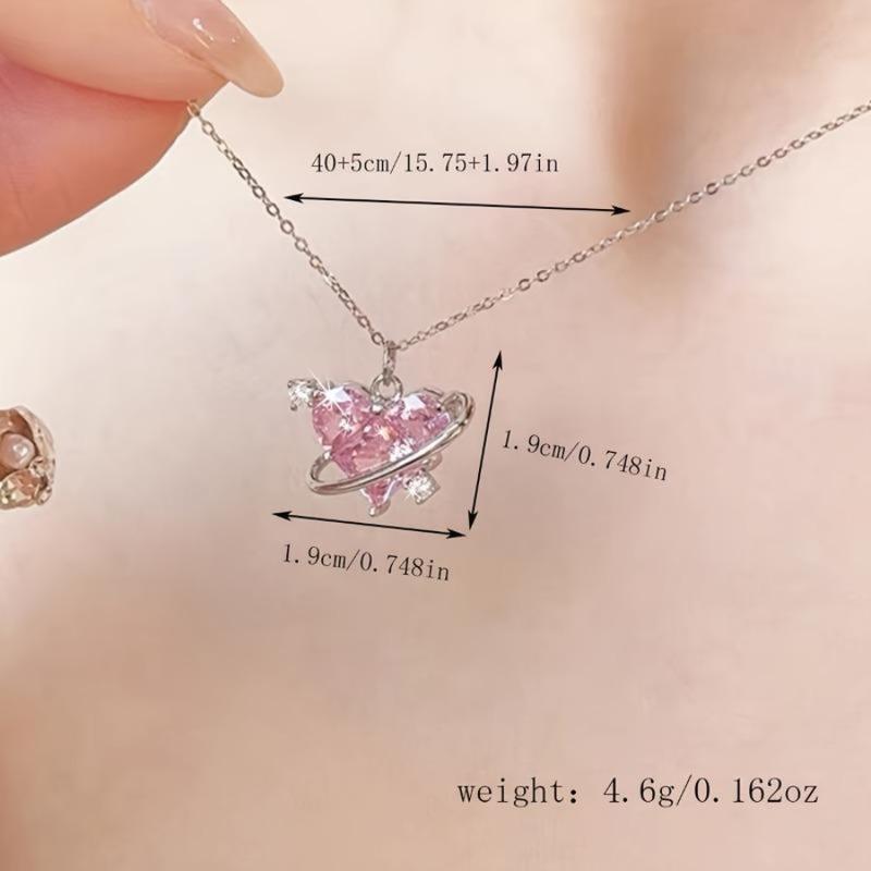 1pc Stainless Steel Heart Pendant Necklace with Shiny Pink Zirconia - Perfect for Couples Weddings Valentines Day & Holiday Gifts