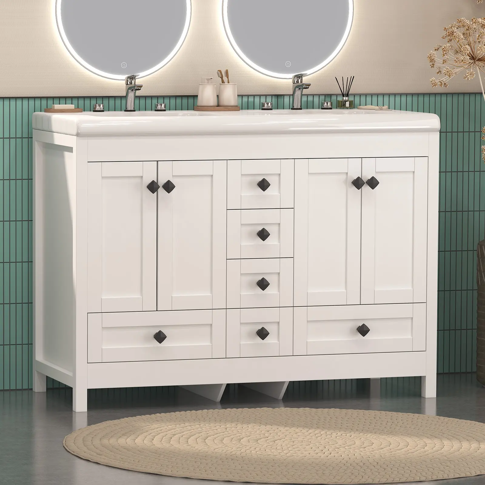 Modern Bathroom Vanity with Double Ceramic Sinks, Freestanding Wood Pedestal Cabinet with Spacious Storage, White