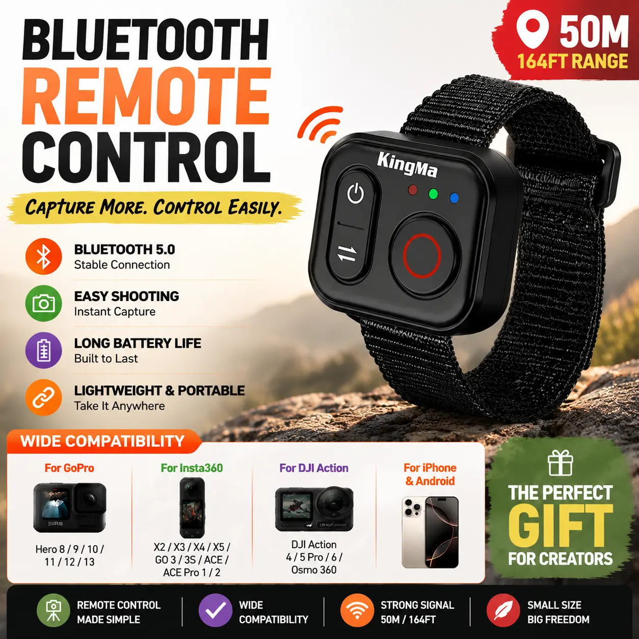 Wireless Bluetooth Remote Control for Action Cameras, 50M/164FT Long Range Shutter Remote with Wrist Strap, Compatible with GoPro Hero 8-13, Insta360 X2-X5, DJI Action Cameras, iOS & Android Devices