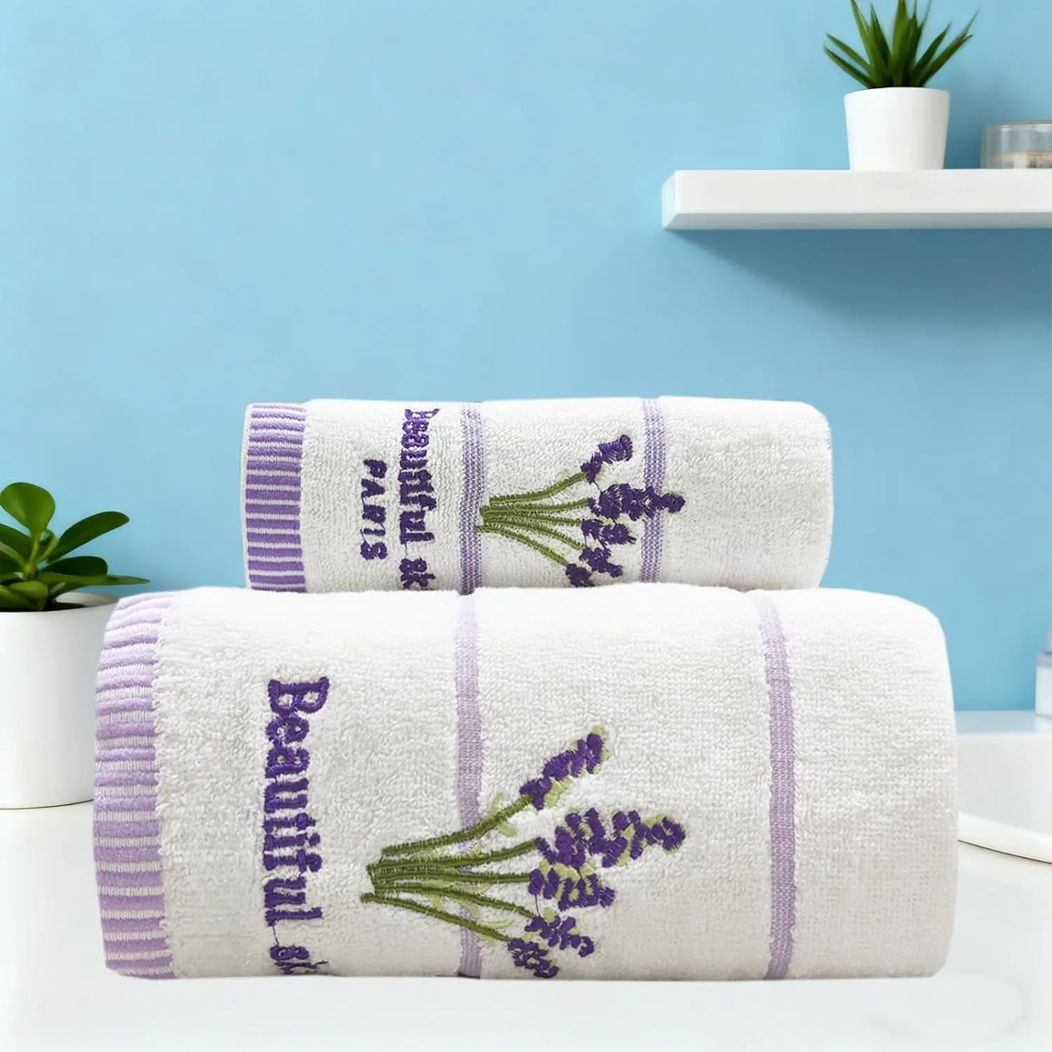 Lavender Embroidery Towel Set, 2pc,Cotton Soft Absorbent Towels Bathroom, Shower and Gym(1 Bath Towel,1 Hand Towel)