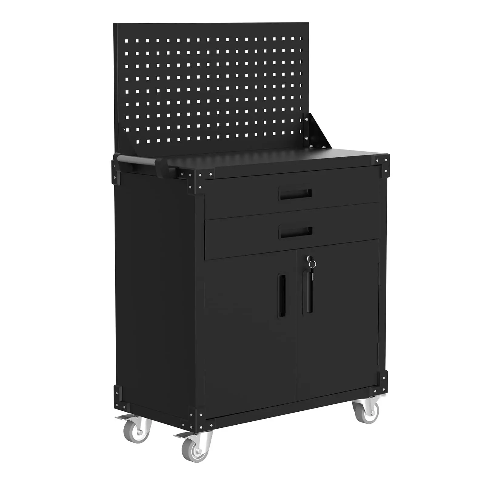 Tool Chest Cabinet Mobile Garage Workbench with 2 Drawers and Pegboard, 31.5 in Heavy Duty Metal Rolling Tool Cabinet with Adjustable Shelf for Garage Warehouse Workshop, Black