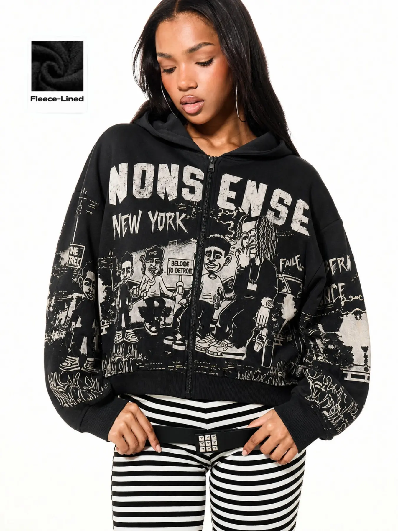 American Chicano Letter Zipper Hoodie, Open Front Design, Tattoo Print, Loose Fit Kangaroo Pocket, Street Style, Casual Wear