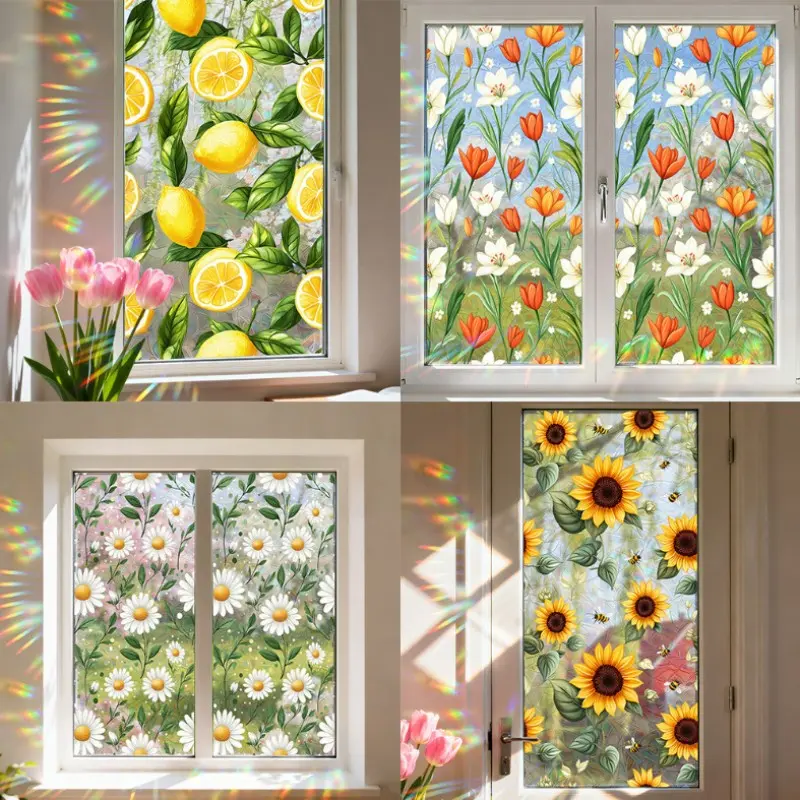 Spring Sunlight Rainbow Decorative Window Stickers, 4 Designs Including Lemon Lily Daisy Sunflower, Privacy Shield, Home Decor, Room Decoration, Graphic Decal