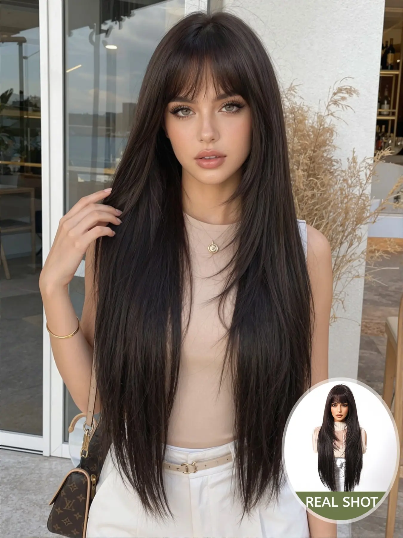 28-Inch Long Straight Wigs for Women, Gorgeous Fluffy Wigs with Bangs, Synthetic Machine Made Full Wigs for Party & Daily Use