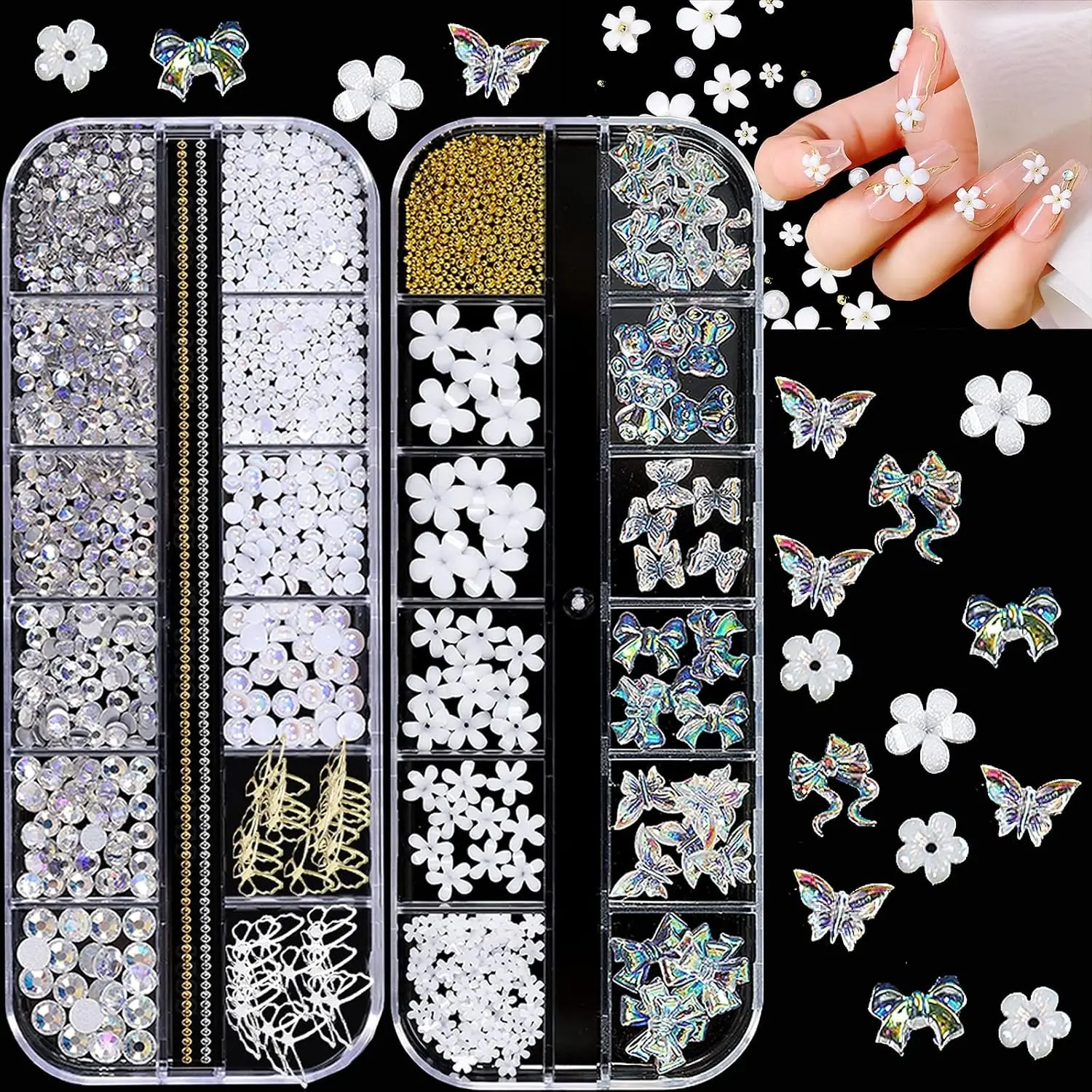 3D Acrylic Butterfly Flower Bear Nail Art Decor, Ab Crystal Rhinestones, Multi-Shape Pearls, Mini Steel Beads, DIY Nail Accessories, 2-Piece Set