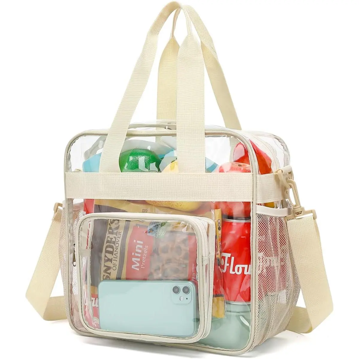 Clear Bag for Stadium Events With  Strap for Women, Men, Large and  Lunch Container, Work and Sporting Events, Travel 12x6x12 Clear Tote Bag, Clear#Biege
