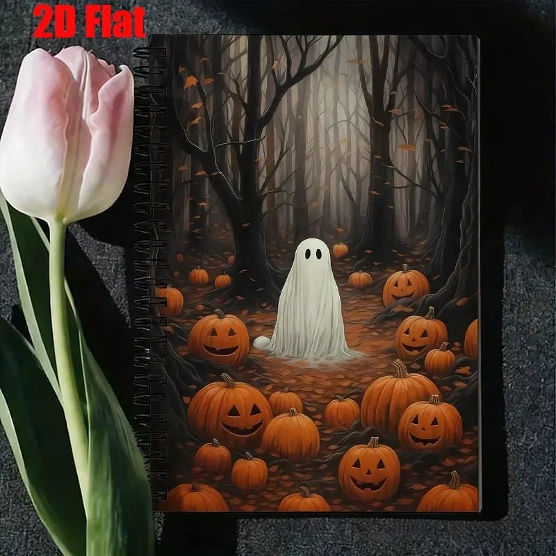 1 Halloween Spiral Notebook, 5.7x8.26 Inch, Ghost Pumpkin Design, Lined Pages, Durable Coil Binding, Halloween Party Journal, Fall Festival Notes, Halloween Enthusiast Gift, Stationery Gift, Autumn Forest Themed Notebook for Kids and Adult