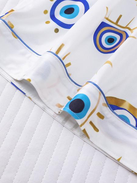 Women's All Over Cartoon Eye Print Short Sleeve Pajama Two-piece Set, Casual Comfy Button Front Chest Pocket Design Lapel Neck Top & Elastic Waist Shorts PJ Set, Ladies Sleepwear for All Seasons, Pajamas, Starlight Pajama Set