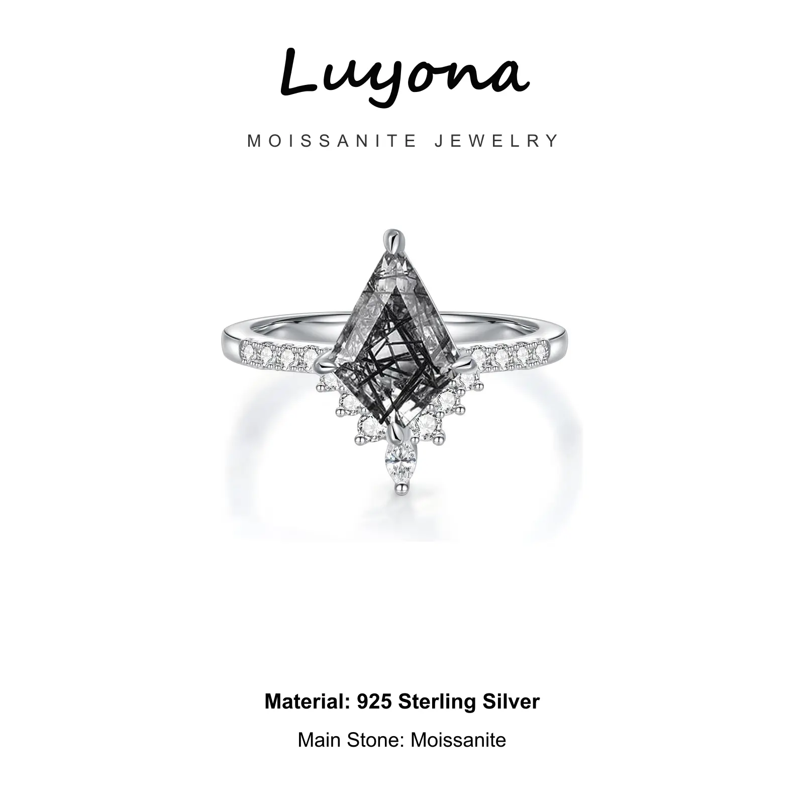 LUYONA Women's 925 Sterling Silver Kite-Cut Ring Set, Non-Natural Crystal with Natural Moss Agate, Black Rutilated Quartz, Blue Sandstone or Opal, Engagement Promise Gift