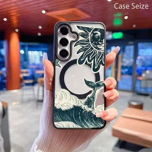 Phone Case - Sun And Whale Rising Through Ocean Waves And Stars Black Border Magnetic Phone Case, Anti-Yellowing, Slim Lightweight & Bare Feel, Luxury Premium Design for Samsung Galaxy S22 S23Fe S24 S25 Plus Ultra, Trendy & Perfect Gift