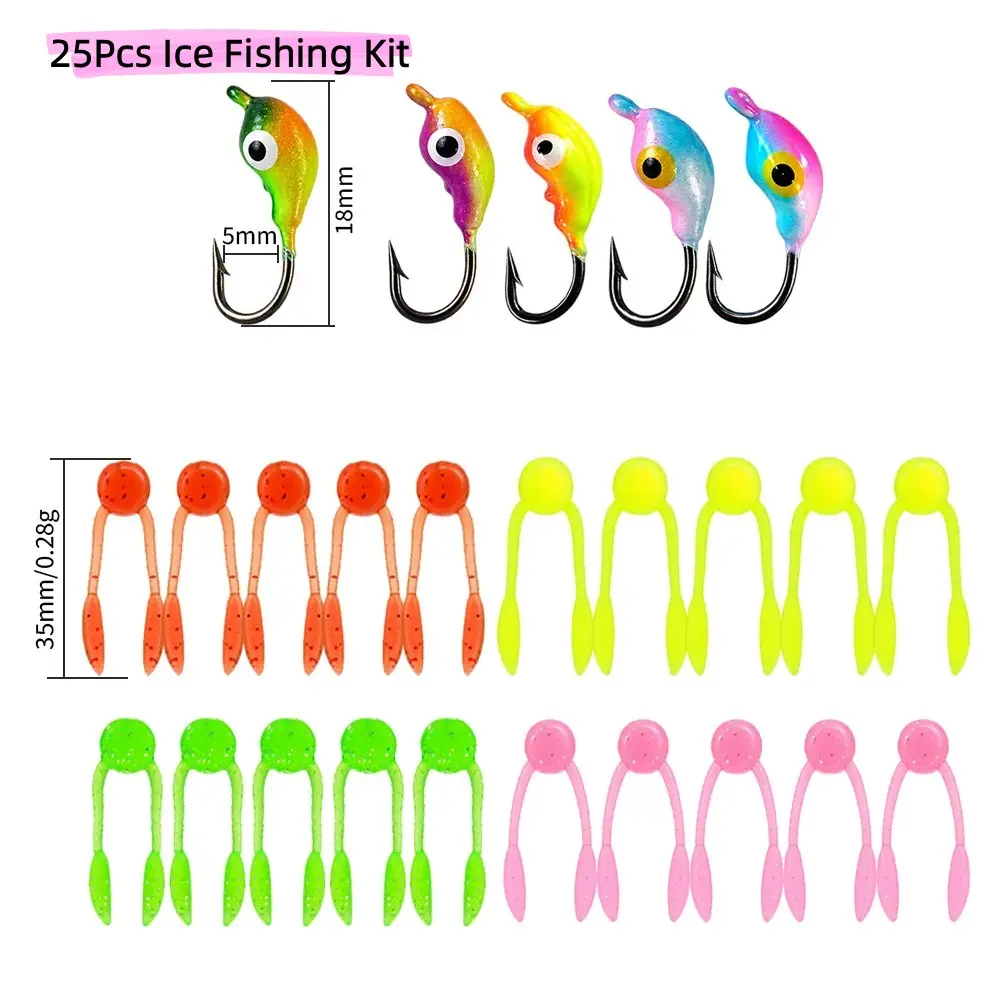 25pcs Ice Fishing Soft Bait Kit, Floating Jumping Bean Weedless Hooks, Micro Ajing Winter Ice Fishing Lure Set, Outdoor Fishing Tackle