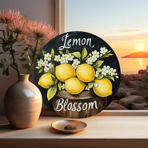 Lemon Blossom Round Wood Sign, Farmhouse Kitchen Wall Decor, Rustic Lemon Wreath Sign, Summer Home Decoration