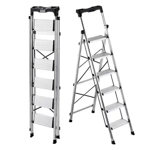 VEVOR 6-Step Aluminum Folding Step Ladder, 330 lbs Capacity, 13.4 lbs Portable, Wide Anti-Slip Pedal, Comfort Handgrip, 18.9x37.8x67.5 in (Unfolded)/66.5x18.9x3.5 in (Folded), Multi-Use for Office, Kitchen, Household, Silver