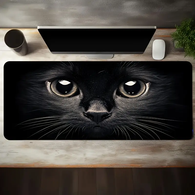 Gaming Mouse Pad Featuring a Close-up Portrait of a Black-haired Cat with Big Eyes, Non-slip Rubber Base, Large-sized Desk Mat Office Desk Accessory, Computer Decor Accessory, Desktop Decoration