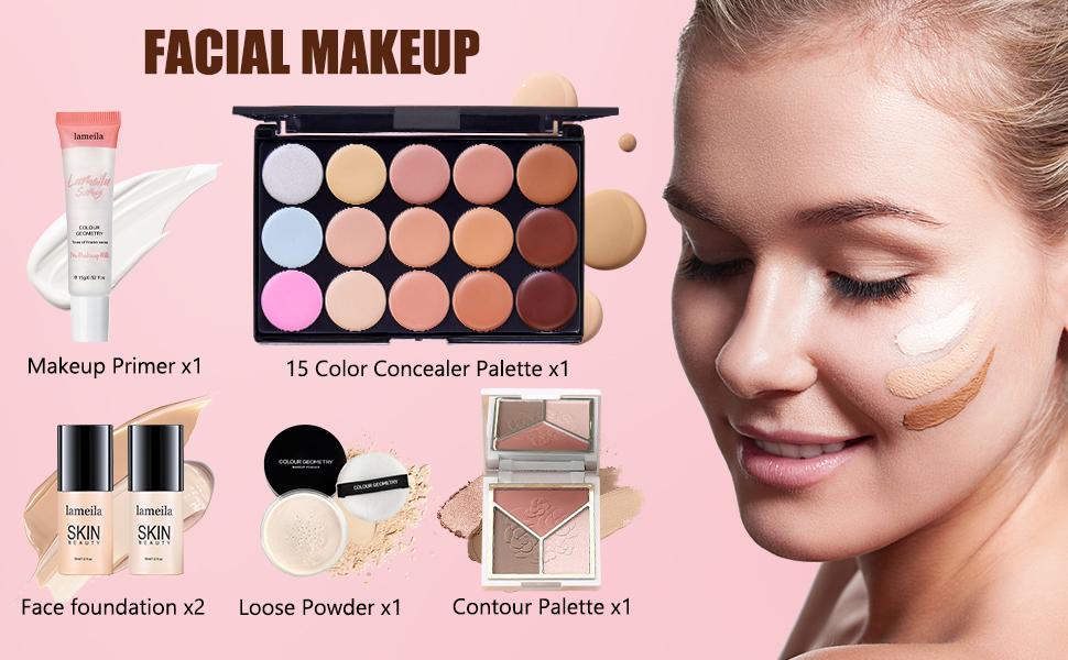 All in One Makeup Kit for Women Full Kit, Make Up Gift Set for Women, Makeup Essential Bundle Includes Foundation Face Primer Eyeshadow Contour Palette Lipstick Eyeliner Mascara Cosmetic Brush Set