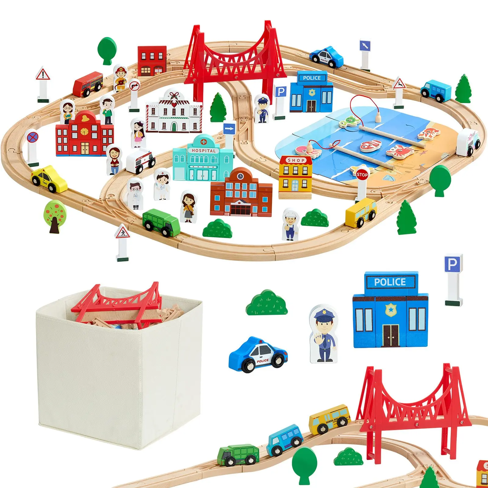 【DealsForYouDays】VEVOR 113PCS Wooden Train Set, for Kids Ages 3-8, Wood Train Track Toy with Storage Box, City Scene Railway Playset, Compatible with Major Brands, Christmas Birthday Toy for Toddlers Boys and Girls