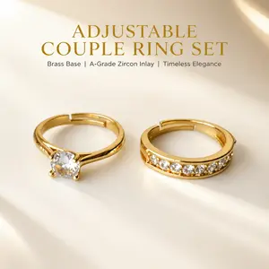 Gold Plated Couple Ring Set, 2-Piece Adjustable Matching Bands with Cubic Zircon for Men and Women, Elegant Hypoallergenic Anniversary Jewelry