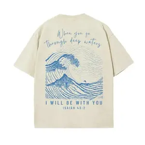 Christian Isaiah 43 2 I Will Be With You Graphic T-Shirt Unisex Vintage Mineral Wash Tee, Faithful Religious Ocean Wave Top, Faith Gift