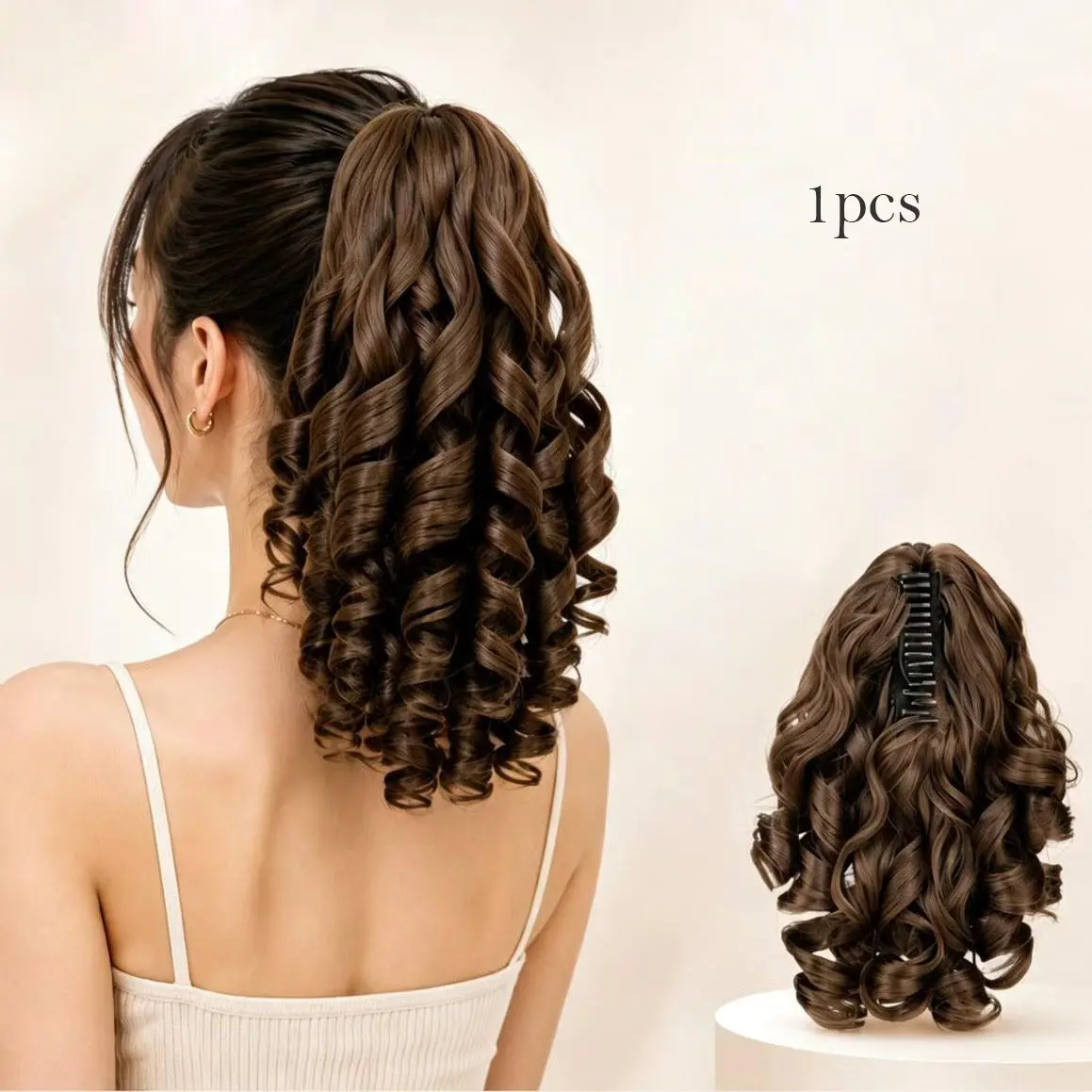 European and American Roman Curl Clip-In Wig Tail, Natural Fluffy Short Curly Hair, Seamless Fake Ponytail, Lazy No-Tie Hair for Parties and Daily Use