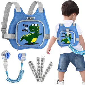 Toddler Harness Leash+ Anti Lost Wrist Link, Cute Dinosaur Kids Harness with Leash, Foldable Child Leash Baby Walking Wristband Assistant Strap Belt for Parent Boys Outdoor Activity
