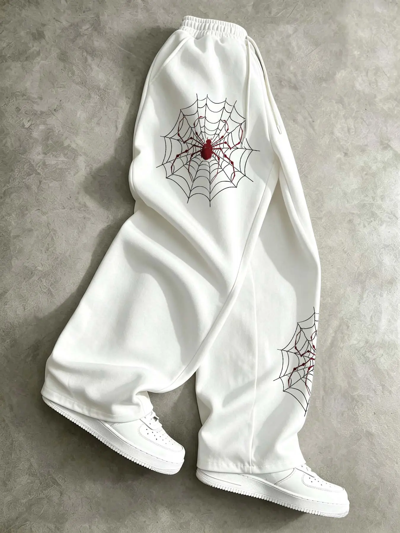 Men's Wide-Leg Fashion Drawstring Loose-Fit Sweatpants, Athletic Casual Pants, Creative Dark Spider Web Print, Comfortable Casual Wear, Trendy and Stylish