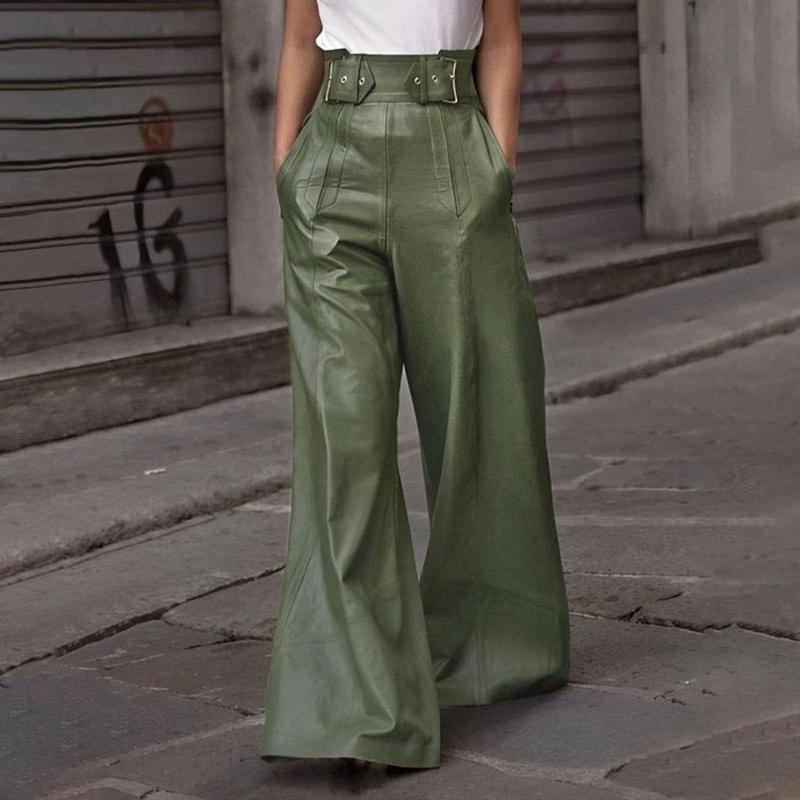 UOOZEE NEW  Women's Faux Leather Pants PU High Waist Wide Leg Pants with Pockets Pleated Going Out Flare Trousers