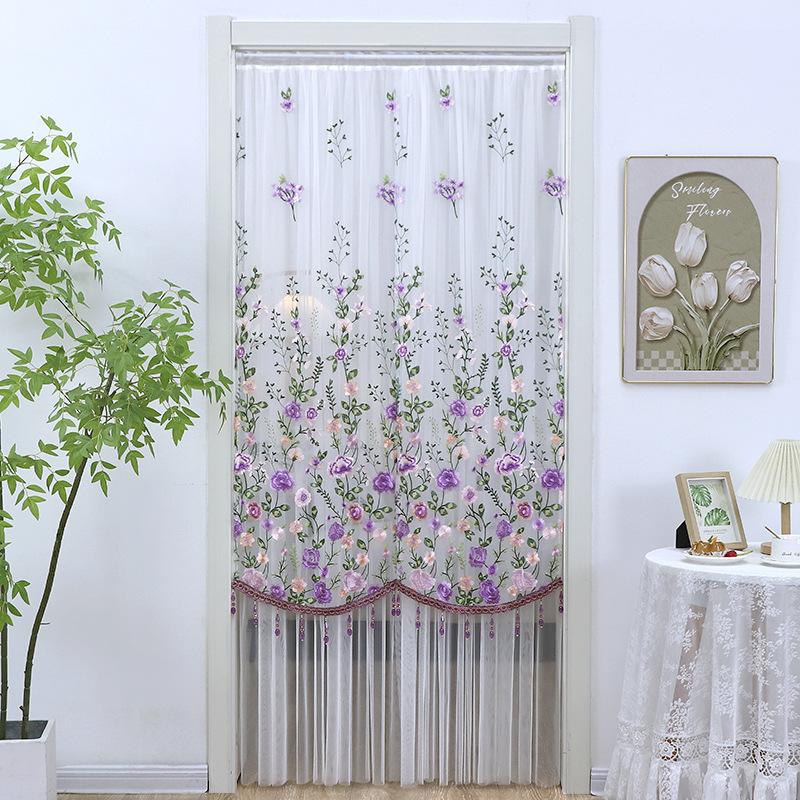 No Drill Sheer Door Curtain, Beaded Embroidery Privacy Curtain, Mosquito Net for Bedroom, Long Partition Curtain for Home Decor