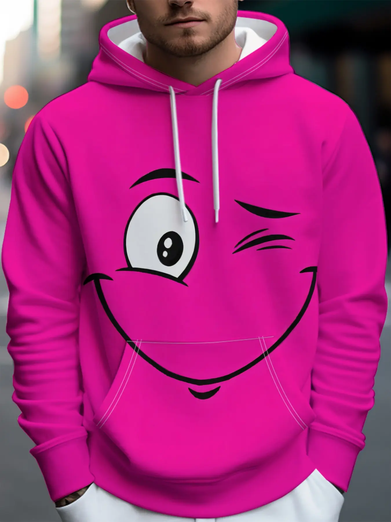 Men's Hooded Sweatshirt, Bright Colorful Smiley Face Print, Loose Fit with Large Pockets, Casual Fall & Winter Top