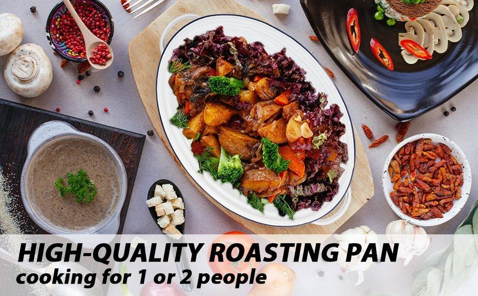 Enameled Roasting Pan with Lid, Covered Roaster Pan Oval Pot Enamelware Cookware, 15.5 Inch, Vintage Farmhouse White