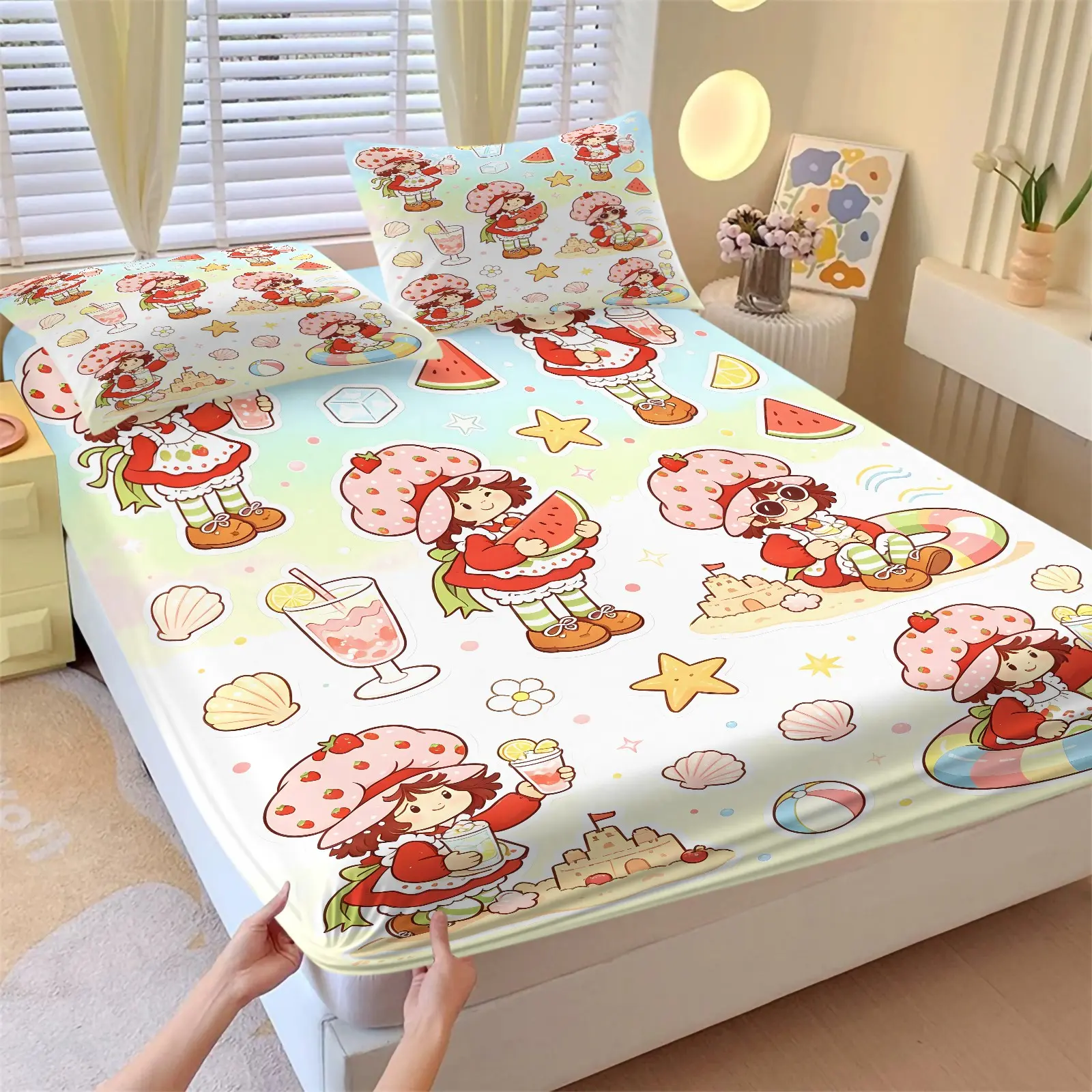 Summer Beach Vacation Strawberry Heart Fitted Sheet Set 3-Piece-Soft Wrinkle-Resistant Bedding-Seaside Element Design-Ideal for Kids Room Girls Bedroom Resort-Style Home & Retro Cartoon Fans Bedroom Decor Cute Bedding