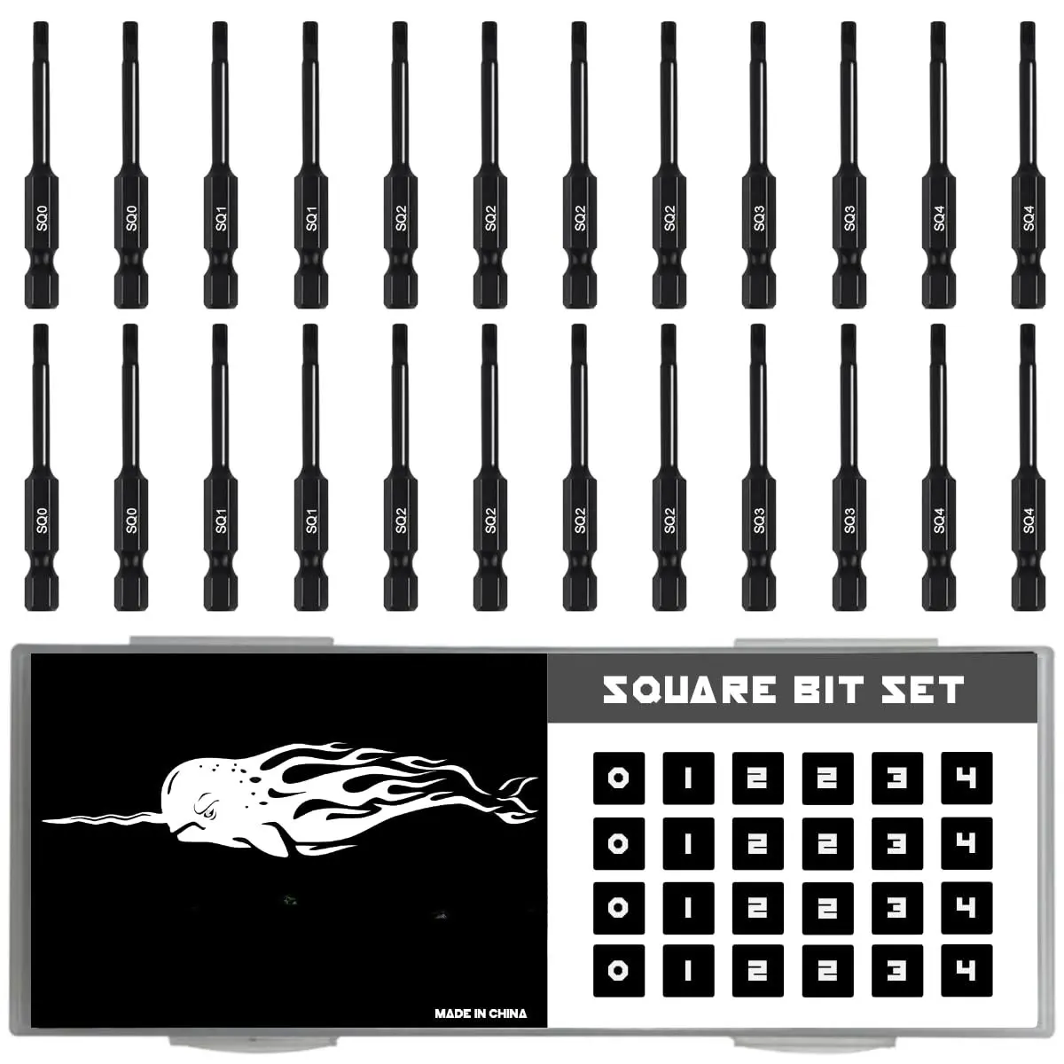 24-Pack Robertson Square Drill Bit Set, 2.3" Long Heads, #0-#4 Sizes for Drilling Applications