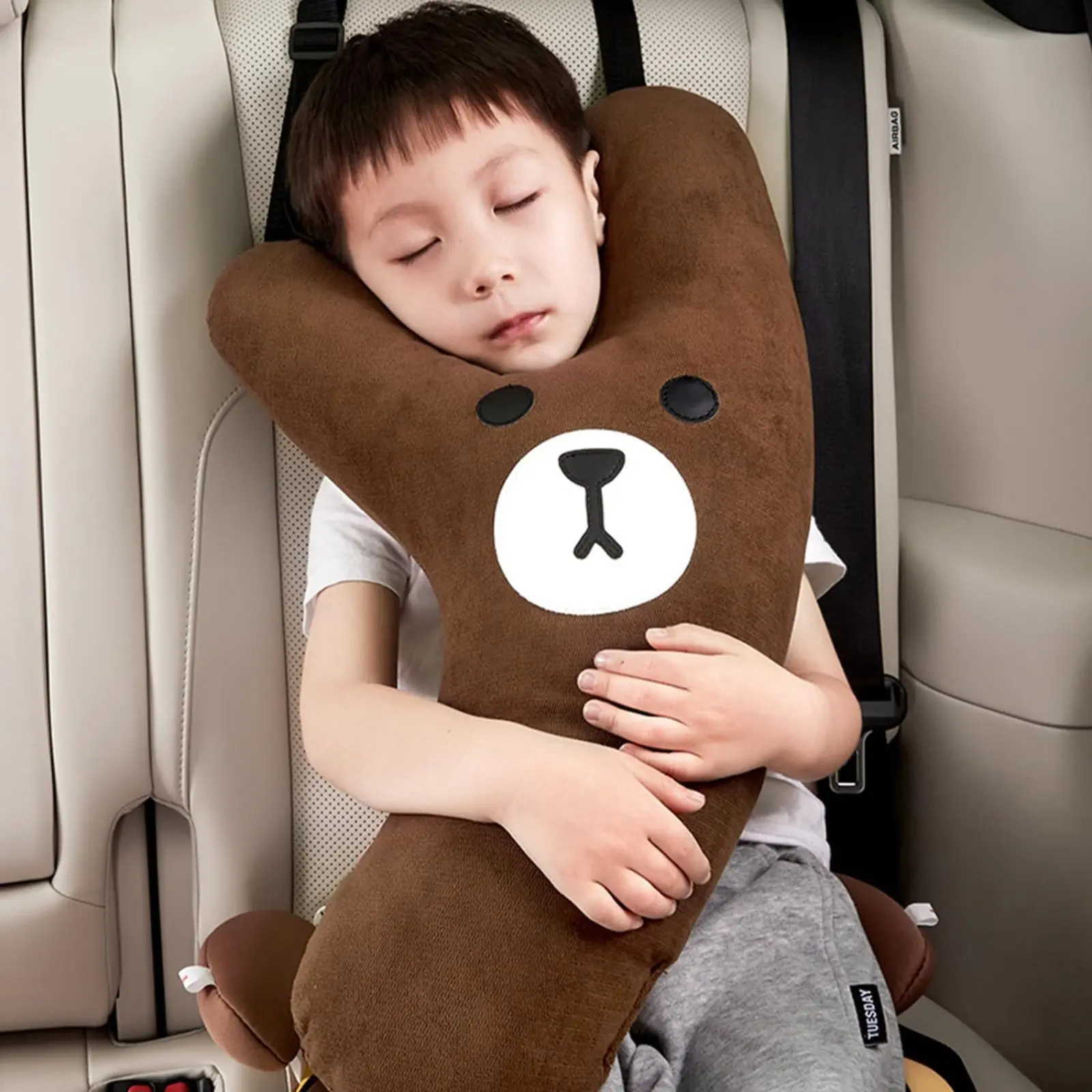 Y-Shape Bear Car Pillow for Backseat Passengers, Soft Velvet Travel Pillow with Adjustable Belt and PP Cotton Filling for Neck Support