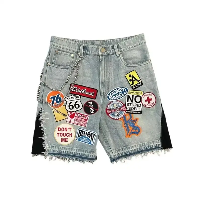 NewVintage Patchwork Denim Shorts for Men & Women - Slim-Fitting Wide-Leg Y2K Jeans with Cartoon Graphics & Tropical Patterns - Machine Washable Streetwear Bottoms - Patterned