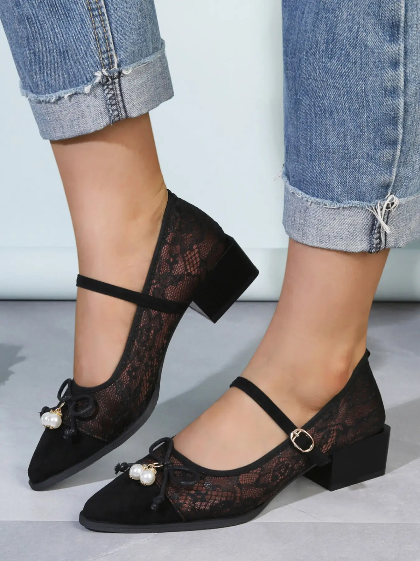 Women's Lace Pointed Toe Mary Jane Low Block Heel Pumps, Size 35-42 Plus Sizes, Multiple Colors Available, Classy, 2026 Spring Summer New, Pearl Rhinestone Buckle, Soft Sole Comfort Versatile, Daily Shoes, Daily Commute, Dating Shopping